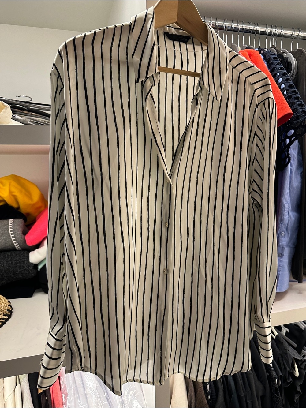 Zara Black and White Vertical Stripe Button-Up Blouse